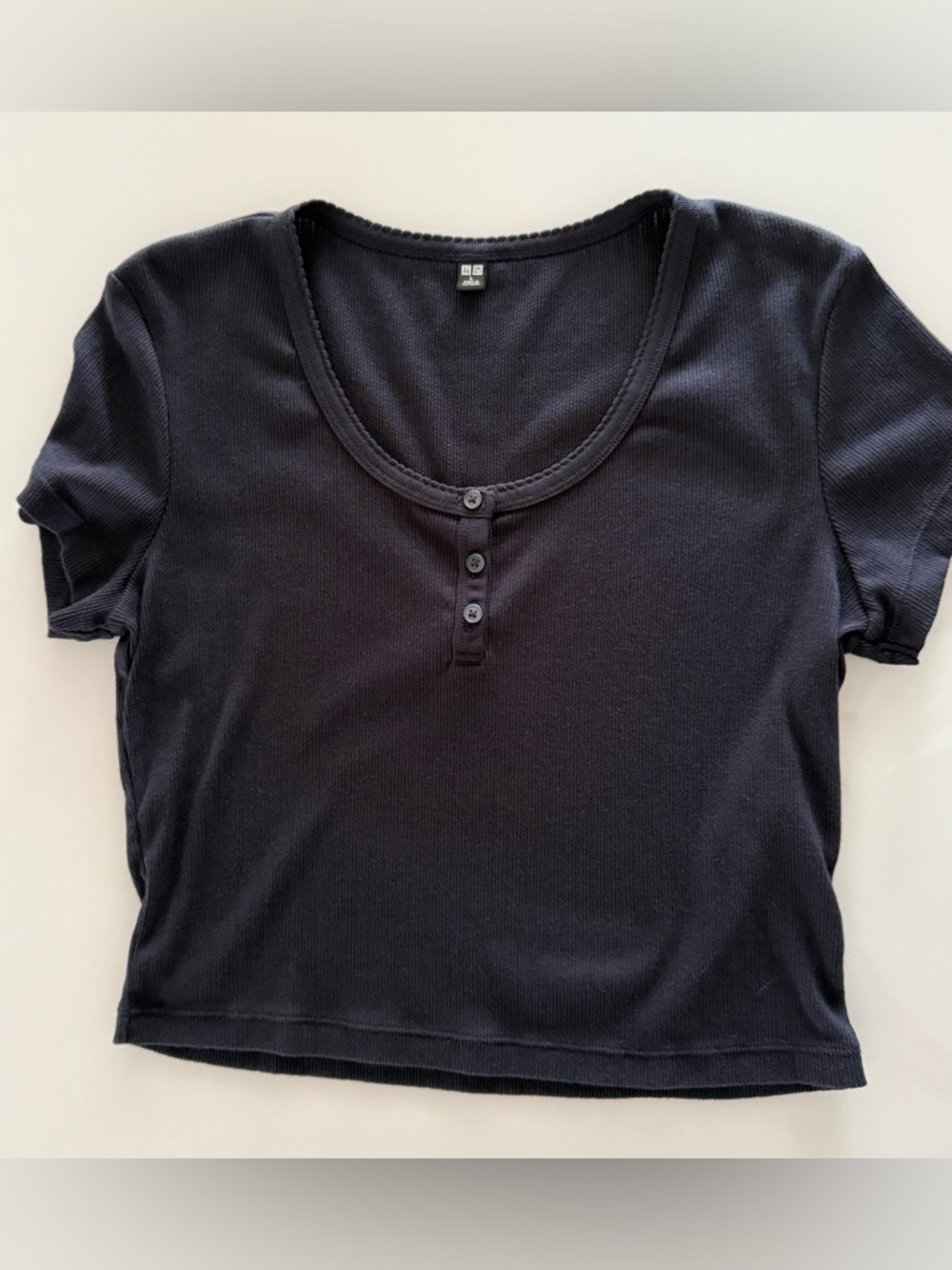 Uniqlo Women Cotton Blend Navy Blue Short Sleeve Henley Crop Top - Large - NWOT